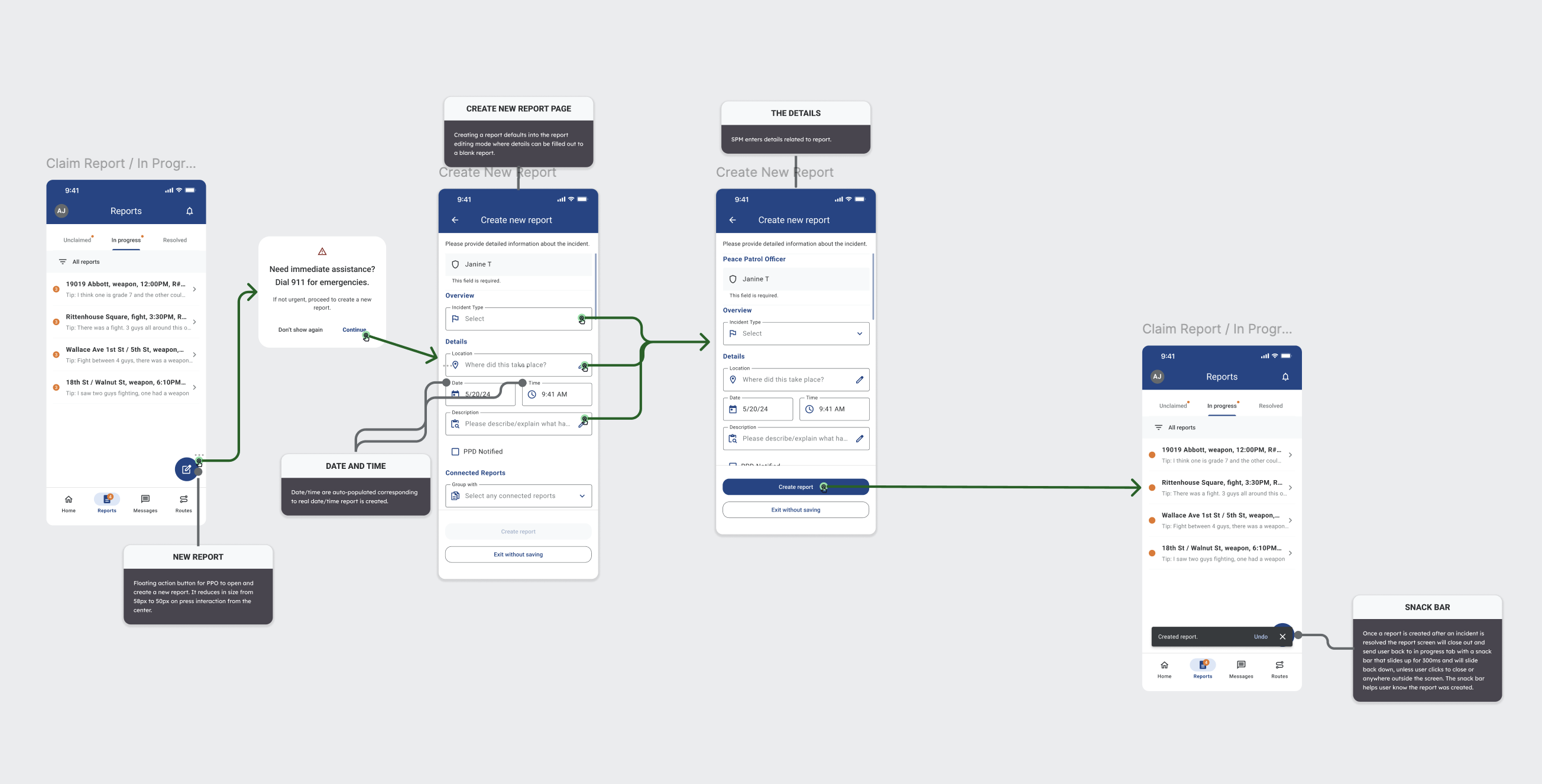 Create-new-report flow from the Reports list with date/time prefill and snackbar confirmation